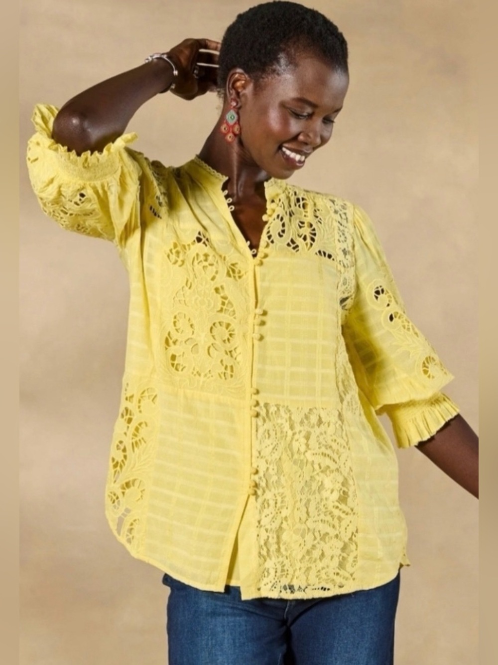 Sundance Garbo Yellow Lace Patchwork Blouse Women's XXL Cottagecore Boho NEW